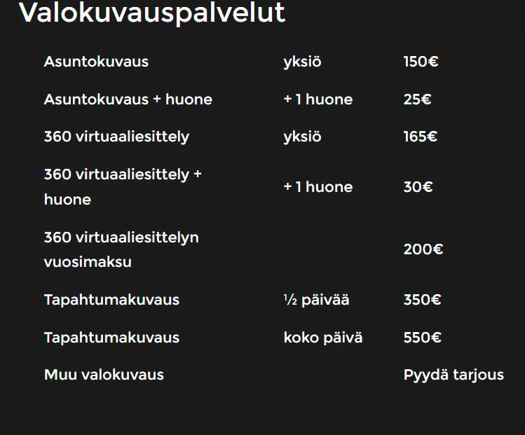 Hinnasto-valokuvauspalvelut
